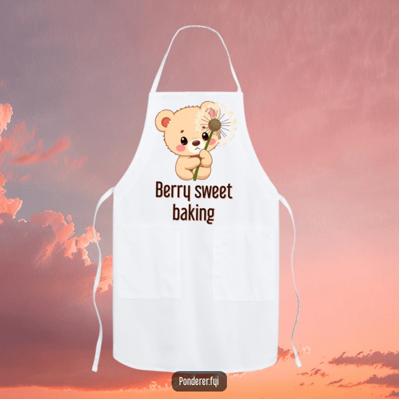Funny curious bear cub police officer apron, peeking behind a dandelion, humorous kitchen wear.