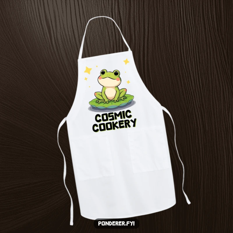 Funny apron with a content frog on a lily pad, gazing at a starry night sky. Humorous and practical kitchen accessory.