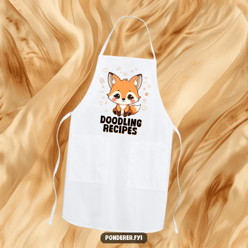 Funny apron with a playful fox character looking curious, surrounded by floating doodles, perfect for adding artistic humor to cooking.