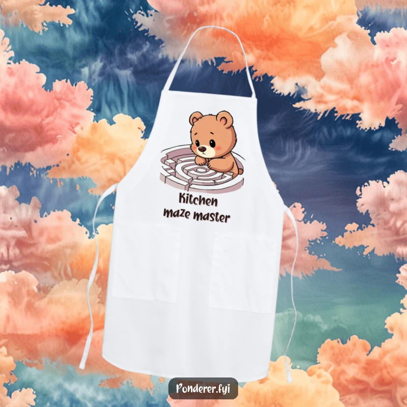 Funny bear cub apron, cub examining a maze with excitement, humorous kitchenware, perfect funny gift for cooks.