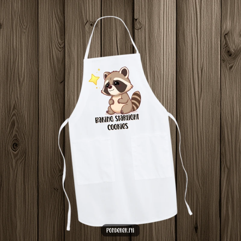 Funny dreamy raccoon police officer apron, gazing at a glowing star, humorous kitchen wear.