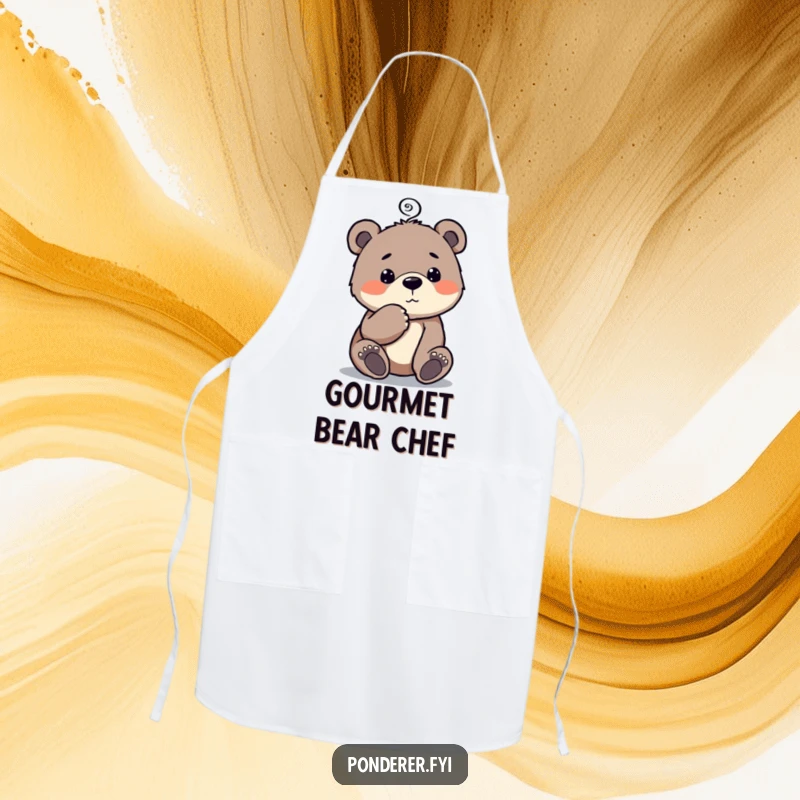 Funny Bear Cub Apron: Durable apron featuring a curious bear cub tapping its chin with a thought spiral.