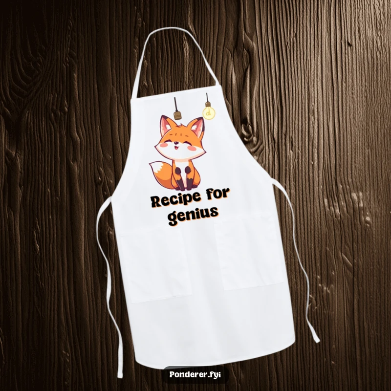 Funny apron with a happy fox looking up at a dangling lightbulb. A humorous kitchen accessory.