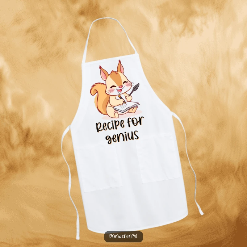 Funny squirrel writer apron, a squirrel diligently writing with a quill while cooking, perfect for kitchen humor.