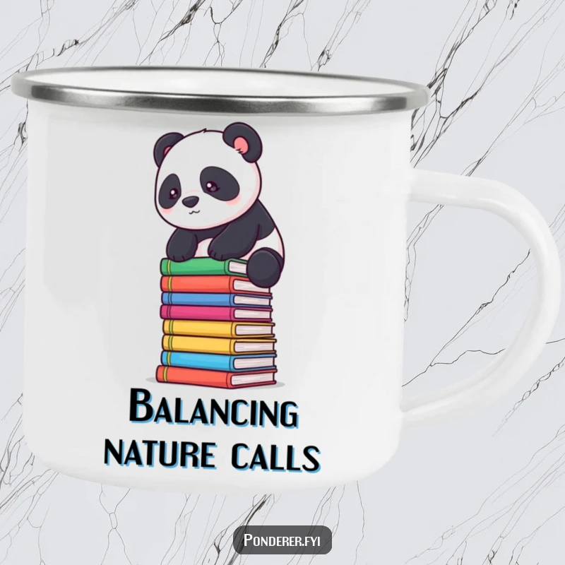 Funny panda scholar camping mug: a determined panda balances on books, durable for outdoor adventures.