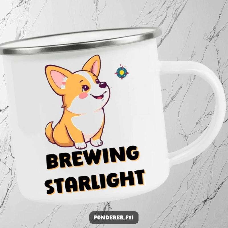 Funny corgi camping mug showing a corgi contemplating a tiny spinning galaxy, ideal for outdoor adventures and humor.