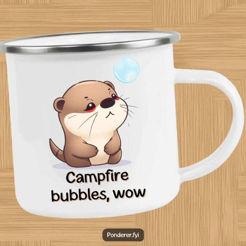 Funny enamel camping mug with a pensive otter staring intently at a shimmering bubble. Durable and humorous outdoor drinkware.