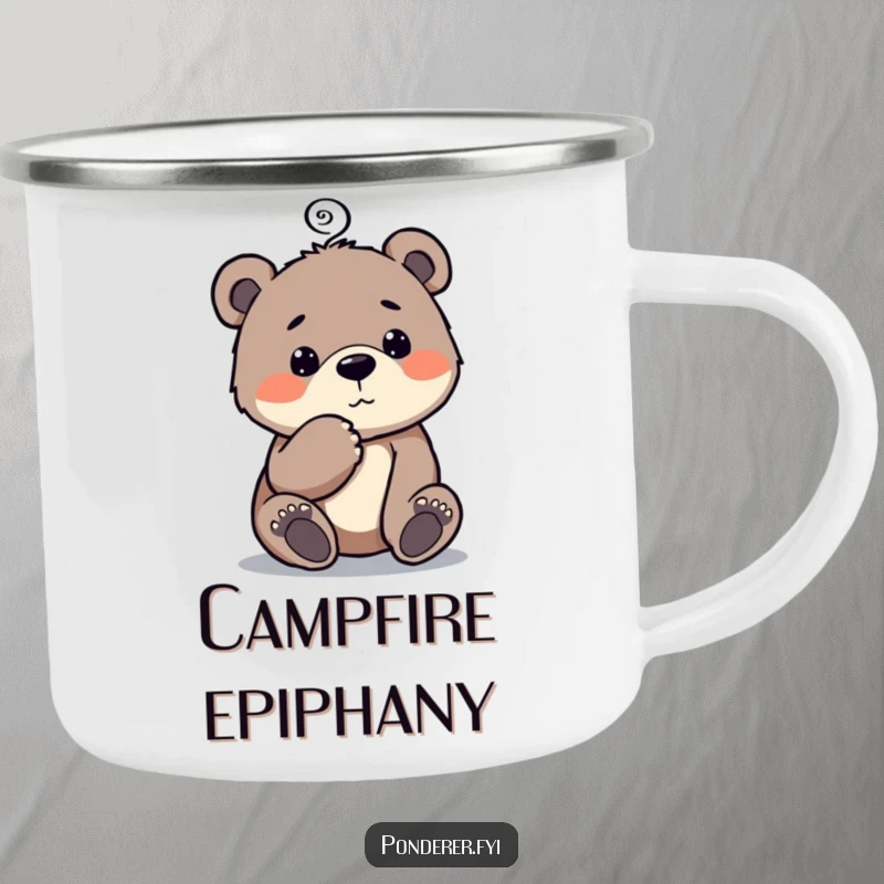Funny Bear Cub Camping Mug: Sturdy mug featuring a curious bear cub tapping its chin with a thought spiral.