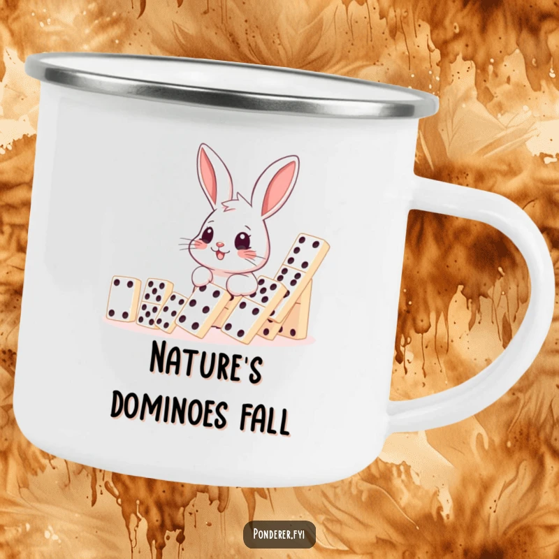 Funny rabbit domino camping mug, smiling rabbit observing falling dominoes, durable humorous drinkware, ideal outdoor gift.