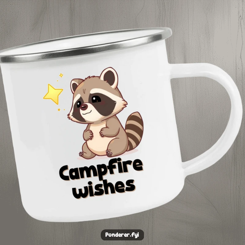 Funny dreamy raccoon police officer camping mug, gazing at a glowing star, rugged and humorous.
