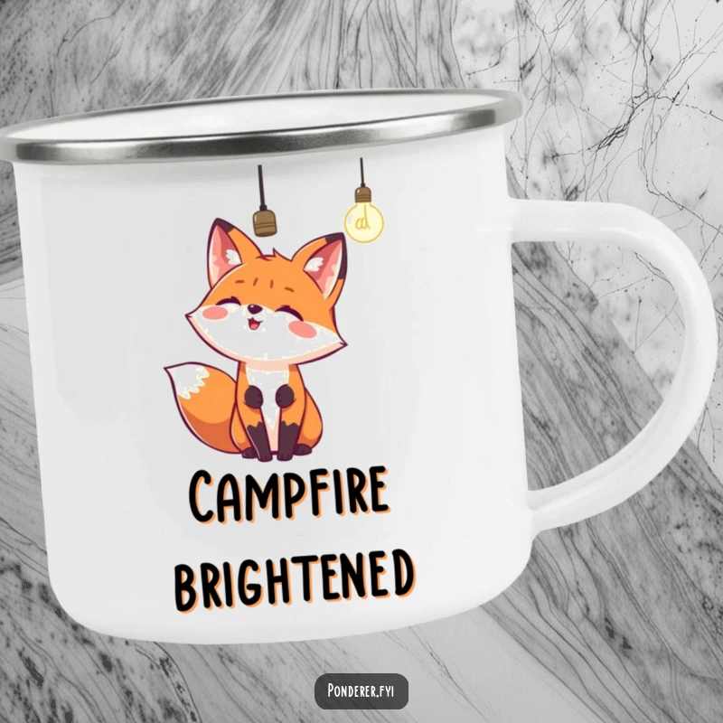 Funny camping mug with a happy fox looking up at a dangling lightbulb. For outdoor enthusiasts.