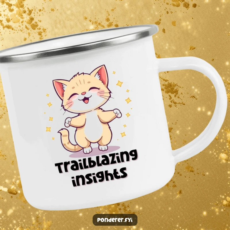 Funny kitten camping mug showing a giggling cat spinning with sparkling ideas, sturdy and humorous for the outdoors.