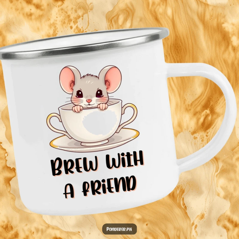 Funny camping mug with a curious mouse peeking out from a teacup. Durable and humorous for adventures.