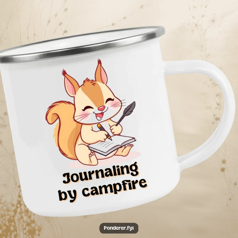 Funny squirrel writer camping mug, a durable mug with a squirrel scribbling with a quill, for humorous outdoor writing.