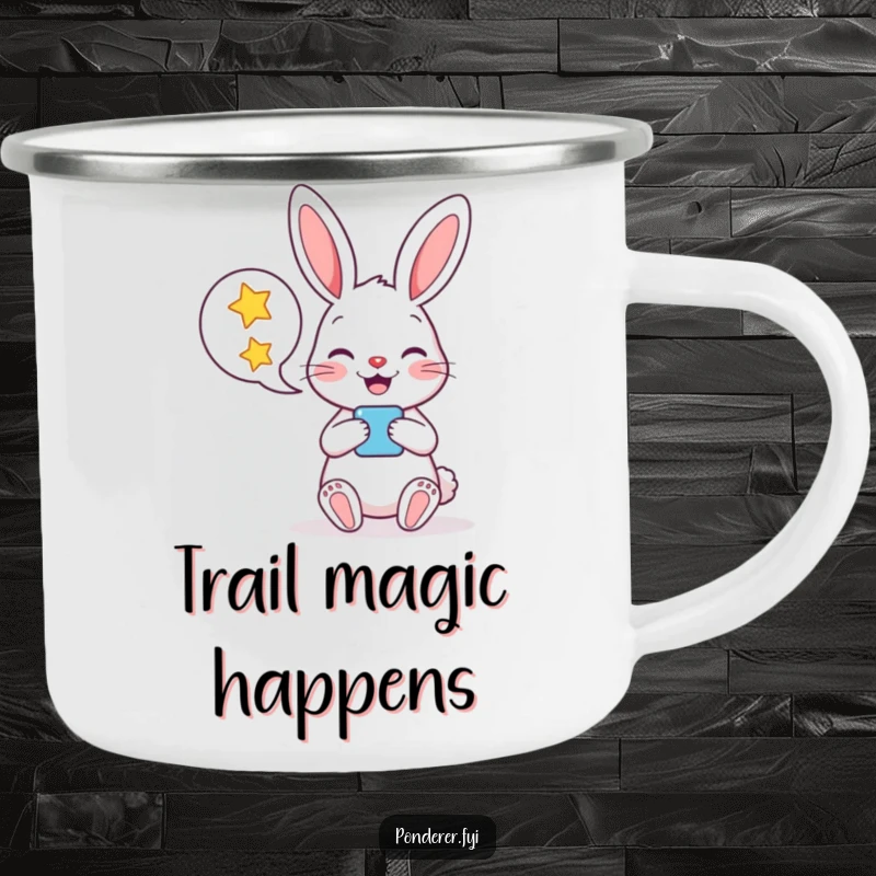 Funny camping mug with a cheerful rabbit holding a speech bubble bursting with stars, perfect for outdoor trips and hot drinks.