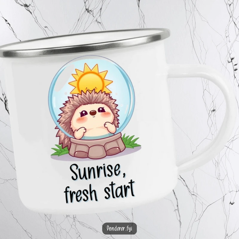 Funny hedgehog sun camping mug, a durable mug with a hedgehog seeing a smiling sun in a crystal ball, for humorous outdoor optimism.