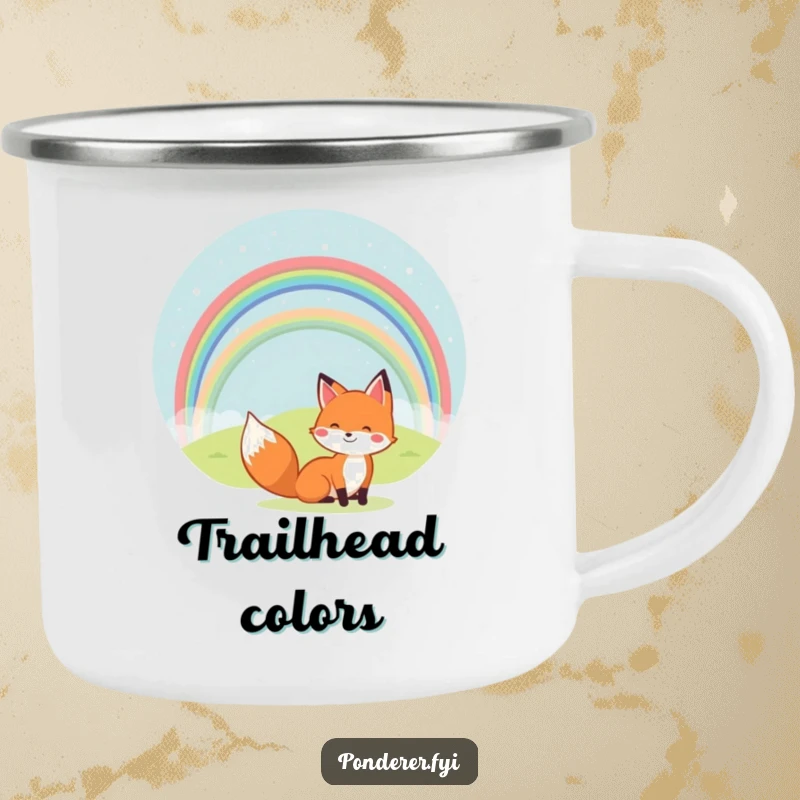 Funny camping mug with a cheerful fox looking at a rainbow over a small hill. Durable and humorous for adventures.