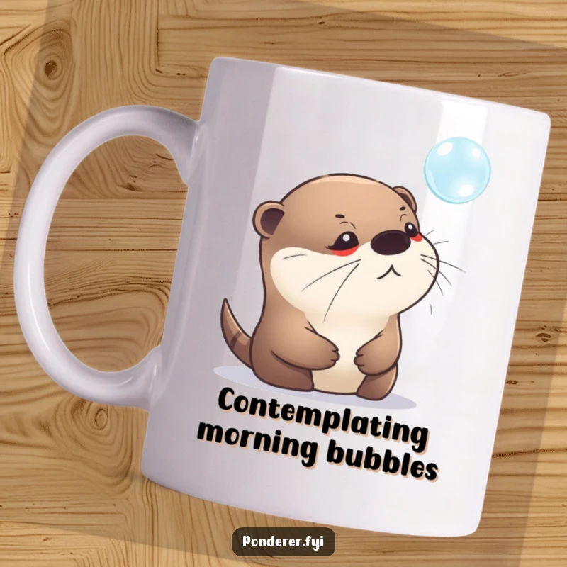 Funny mug showing a pensive otter staring intently at a shimmering bubble. A whimsical and contemplative illustration.