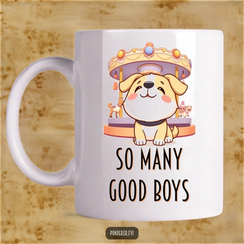 Funny dog mug with a happy expression, looking up at a spinning carousel of thoughts, symbolizing a playful mind.