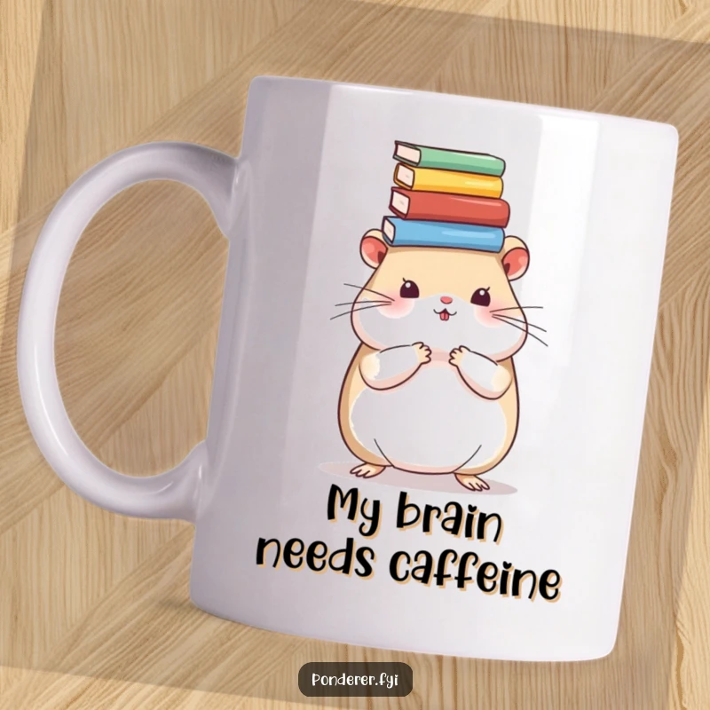 Funny hamster mug featuring a scholarly rodent precariously balancing a stack of tiny books on its head, looking wise.
