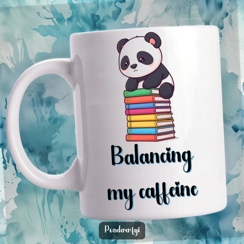 Funny panda scholar mug: a determined panda balances on a stack of colorful books.