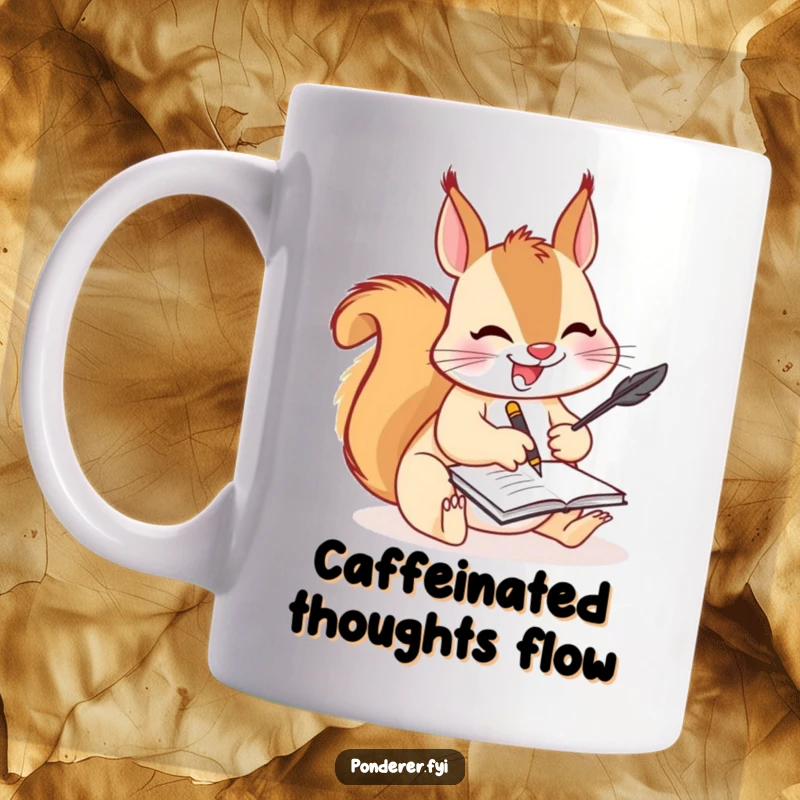 Funny squirrel writer mug, a joyful squirrel scribbling furiously on a tiny notepad with a quill, embodying creative energy.
