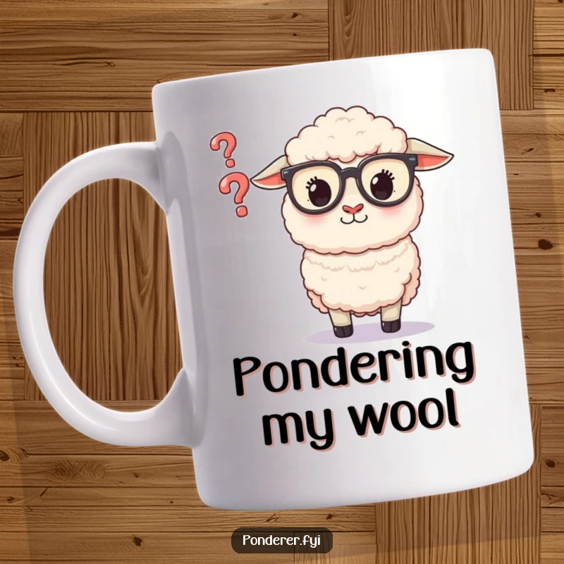 Funny Sheep Glasses Mug: A fluffy sheep wearing glasses stares intently at a tiny floating question mark.