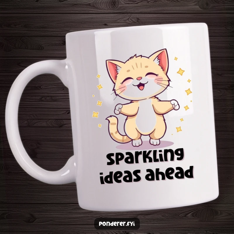 Funny kitten mug, giggling and spinning, leaving a trail of sparkling ideas, a delightful visual of inspiration.
