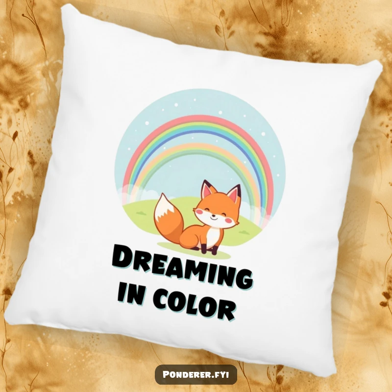 Funny pillow with a cheerful fox gazing at a rainbow over a tiny hill. Soft and joyful decorative item.