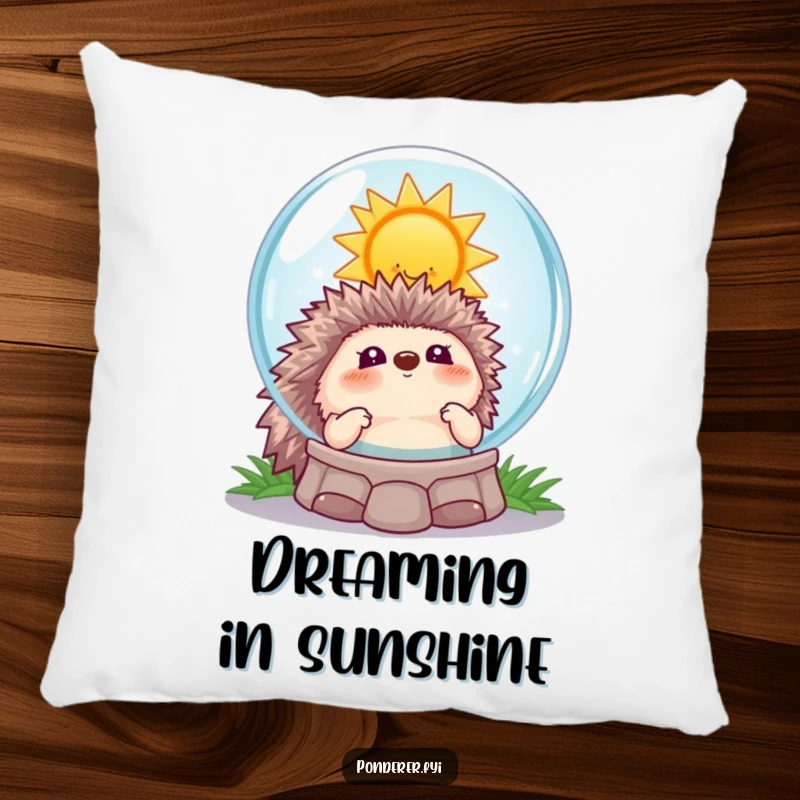 Funny hedgehog sun pillow, a soft cushion featuring a hedgehog seeing a smiling sun in a crystal ball, for humorous comfort.