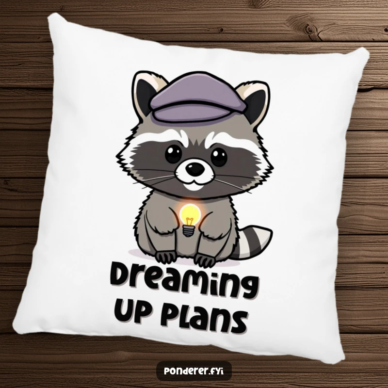 Funny raccoon genius pillow: a plush cushion with a stealthy raccoon having a lightbulb moment.