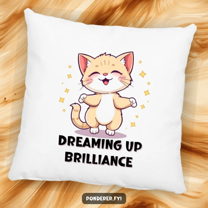 Funny kitten pillow featuring a giggling cat spinning with a trail of sparkling ideas, offering plush comfort and humor.