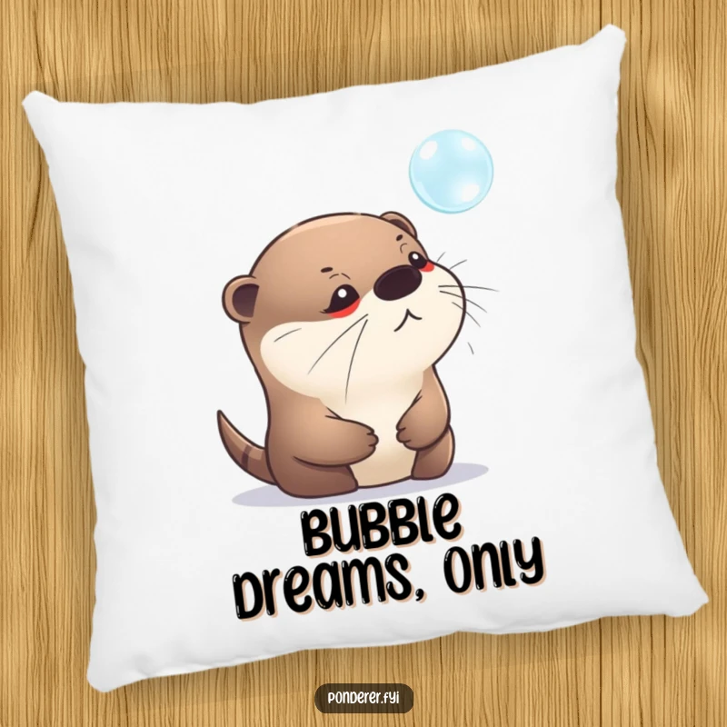 Funny decorative pillow featuring a pensive otter staring intently at a shimmering bubble. Soft, plush, and humorous home decor.