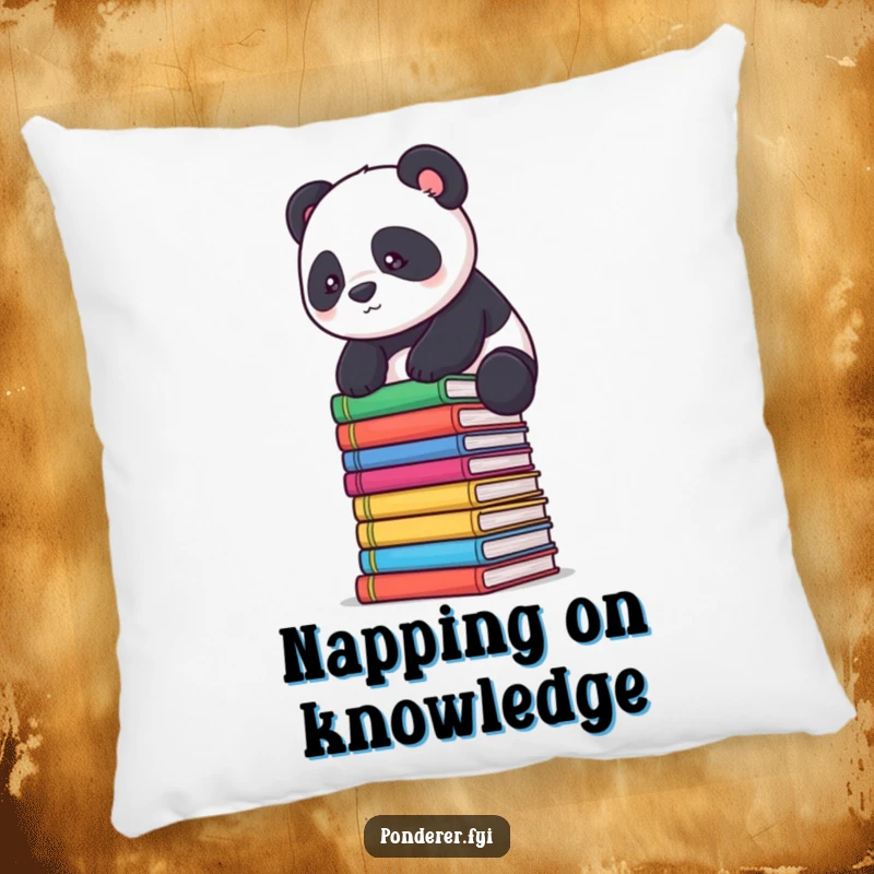 Funny panda scholar pillow: a plush cushion with a determined panda balancing on books.