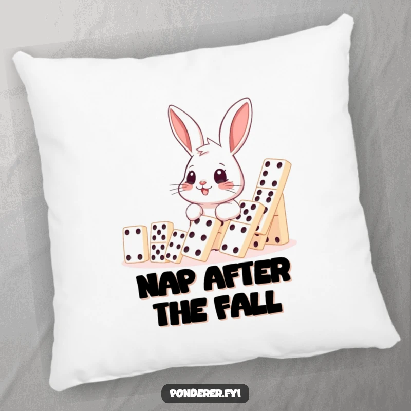 Funny rabbit domino pillow, smiling rabbit observing falling dominoes, soft and humorous decor, ideal funny gift.