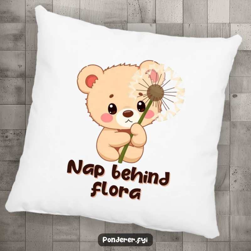 Funny curious bear cub police officer pillow, peeking from behind a dandelion, soft and humorous home accent.