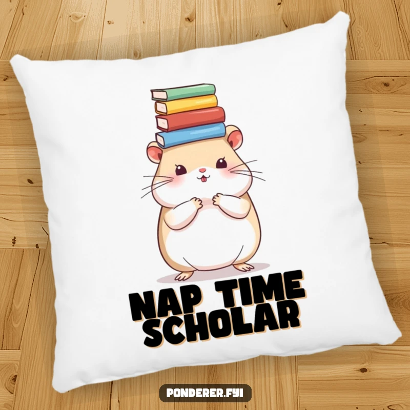 Funny hamster pillow featuring an intelligent hamster balancing books, offering comfort and a touch of humor to any room.