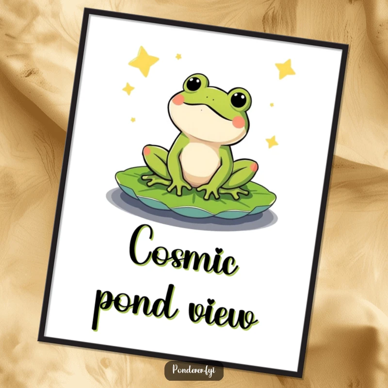Funny digital art print of a content frog on a lily pad, gazing at a vast, starry night sky. Humorous and celestial.