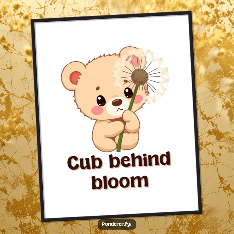Funny curious bear cub police officer digital art print, peeking behind a dandelion, charming and humorous.
