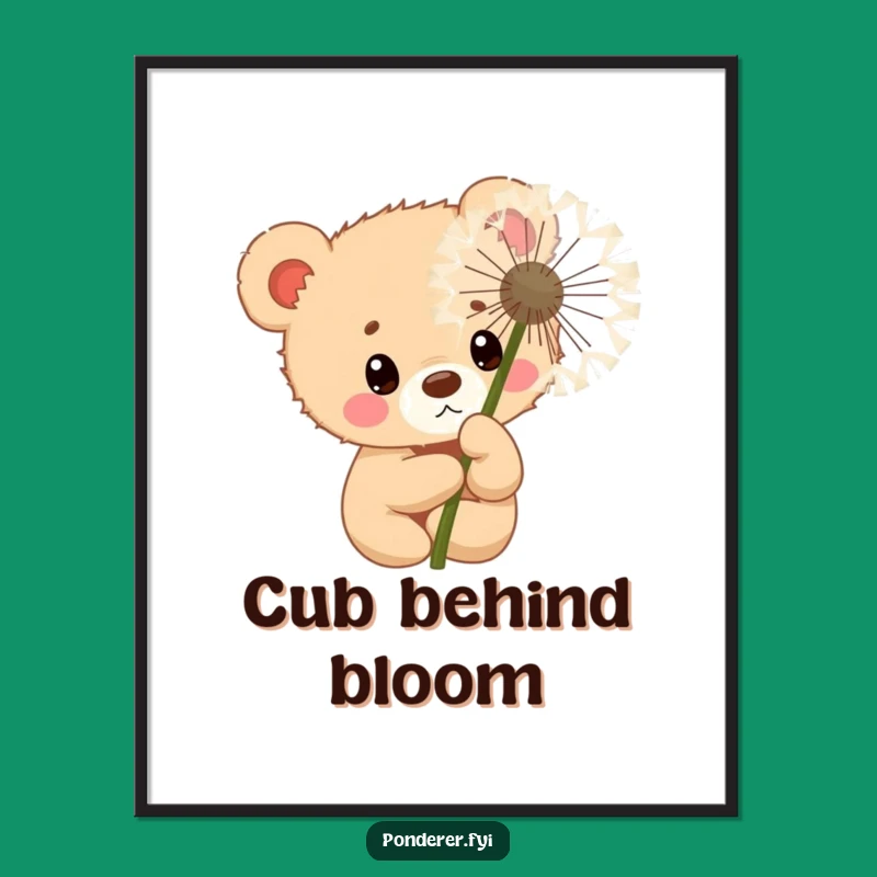 Funny Curious Bear Cub Digital Print: Dandelion Peek Art