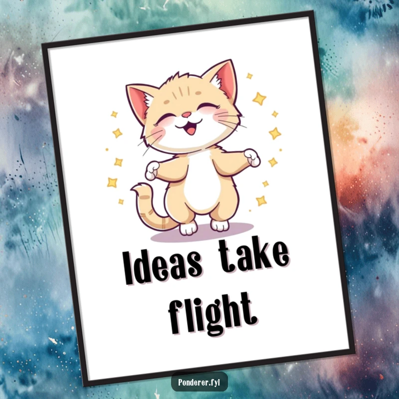 Funny kitten digital art print of a giggling cat spinning with sparkling ideas, ready for immediate download and display.