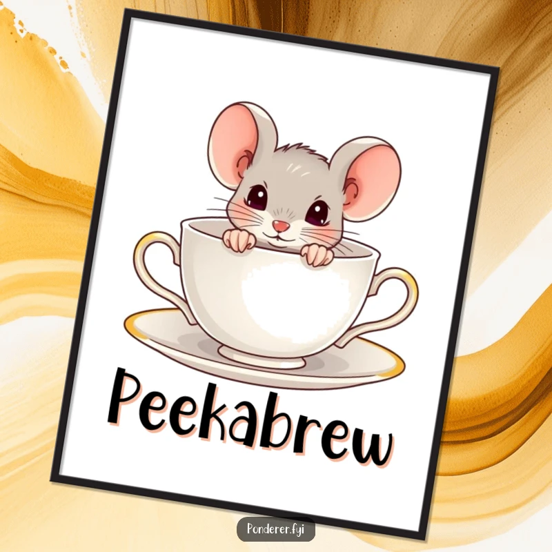 Funny digital art print of a curious mouse peeking out from a teacup. Whimsical and humorous.