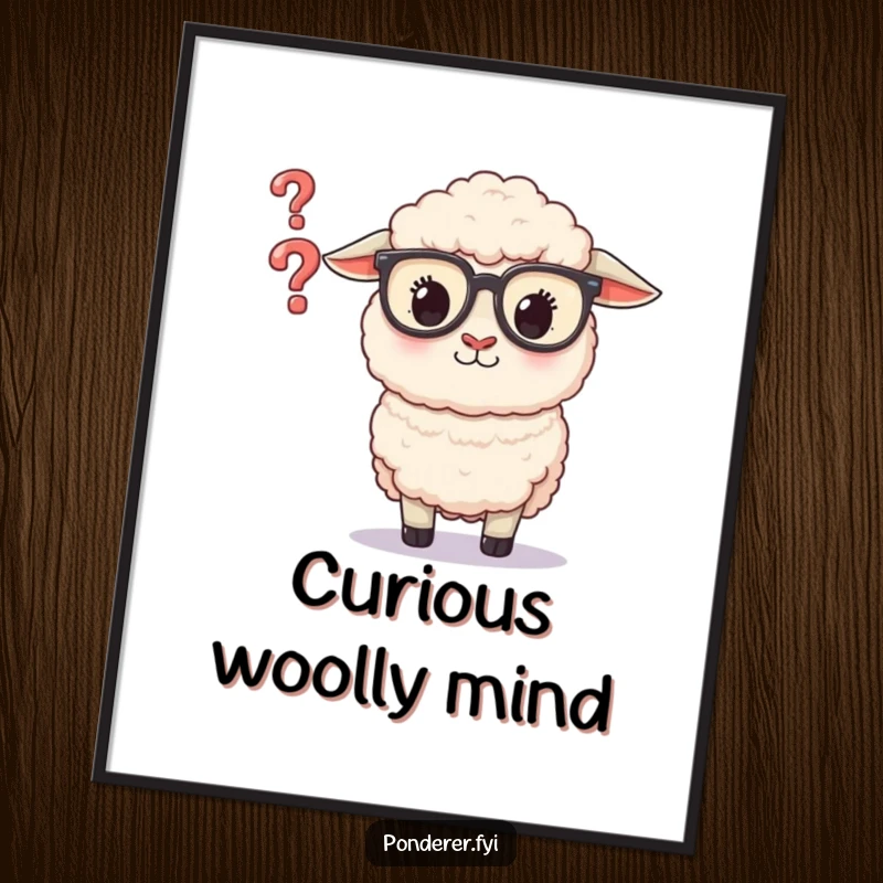 Funny Sheep Glasses Digital Art: High-quality artwork of a fluffy sheep in glasses, intently studying a floating question mark.