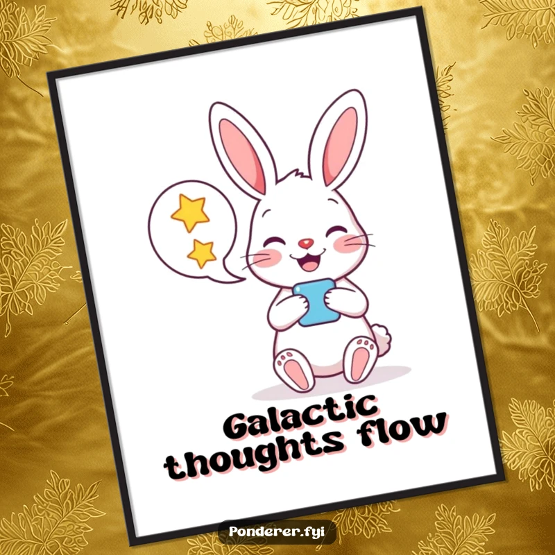 Funny digital art print of a cheerful rabbit character holding a speech bubble radiating with twinkling stars, perfect for whimsical decor.