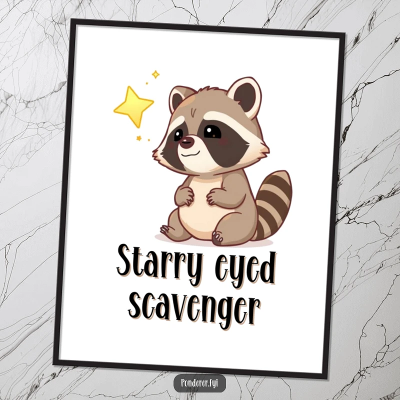 Funny dreamy raccoon police officer digital art print, gazing at a glowing star, whimsical and humorous.