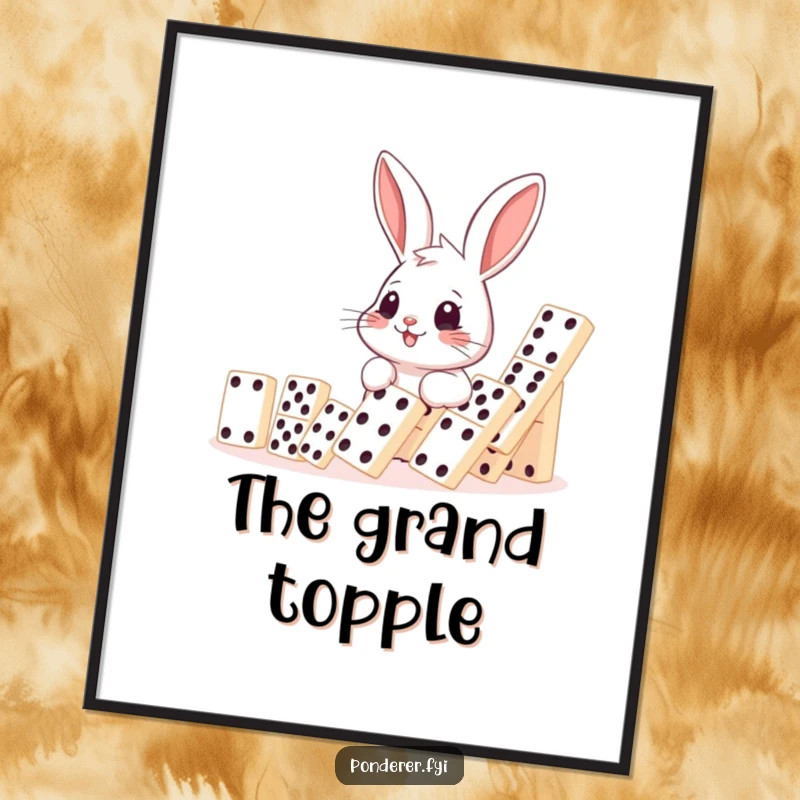 Funny rabbit domino digital art print, smiling rabbit observing falling dominoes, humorous wall decor, printable gift.