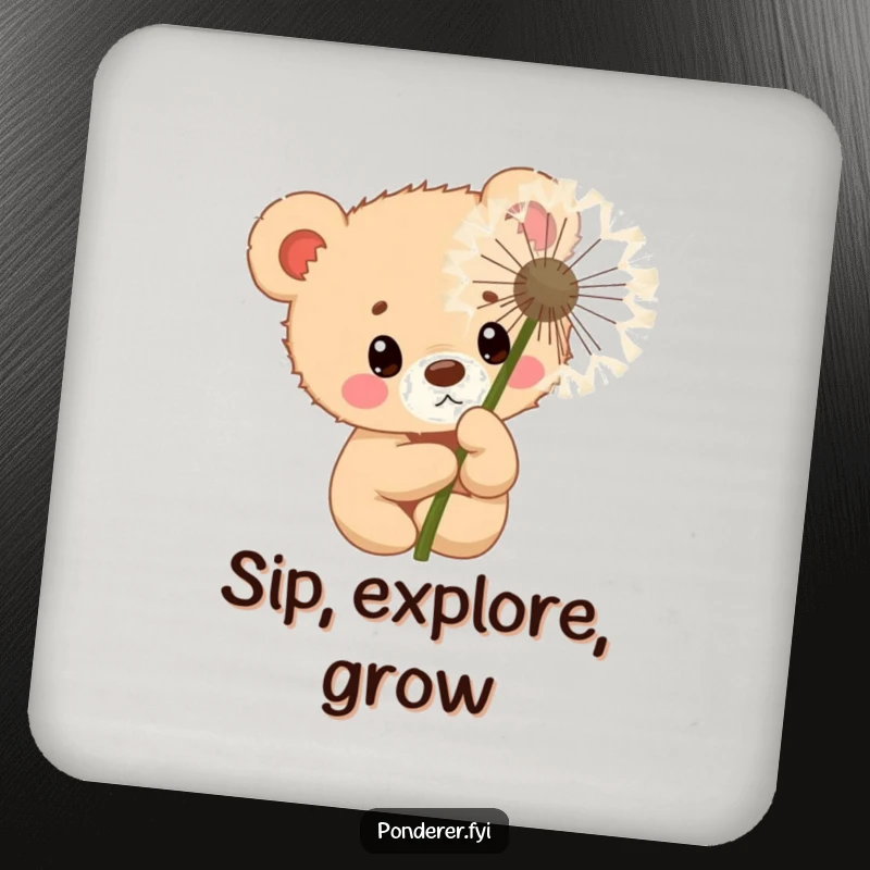 Funny curious bear cub police officer coaster, peeking behind a dandelion, protecting surfaces with humor.