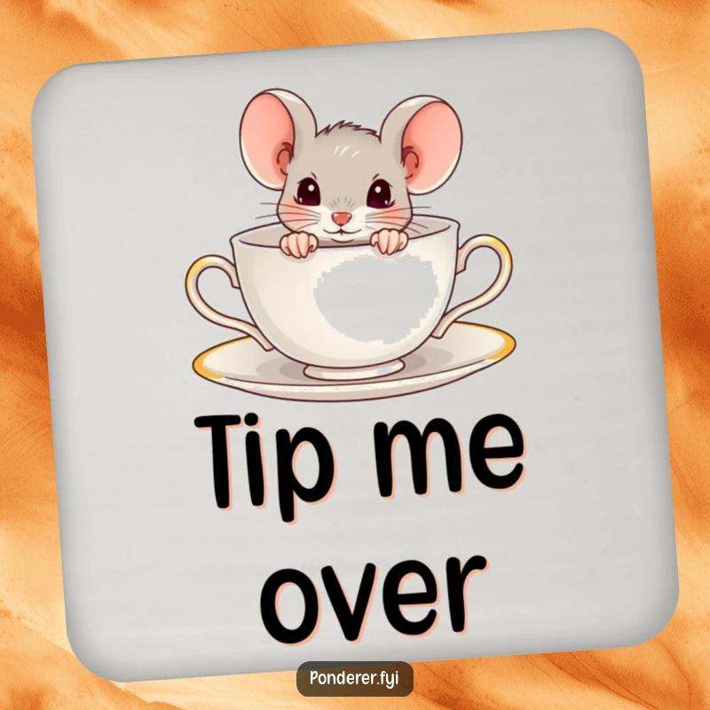 Funny drink coaster depicting a curious mouse peeking out from a teacup. Humorous and functional.