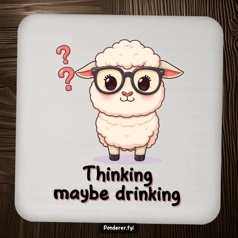 Funny Sheep Glasses Coaster: A coaster featuring a fluffy sheep in glasses intently observing a small question mark.