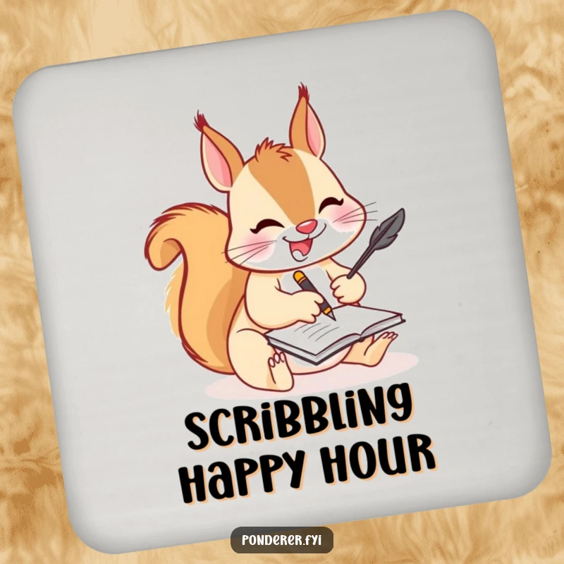 Funny squirrel writer drink coaster, a squirrel diligently writing with a quill, protecting surfaces with creative humor.